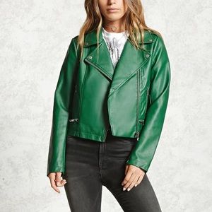 Green faux leather moto jacket